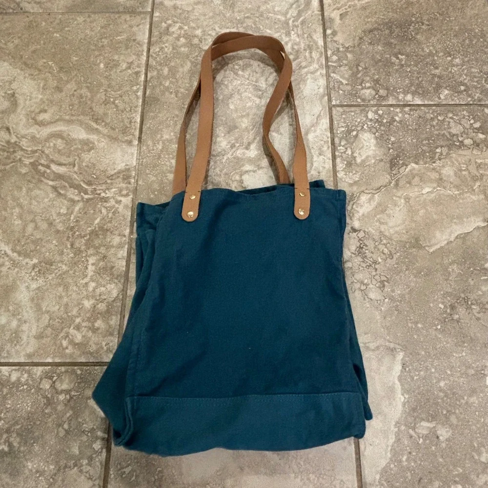 FEED Market Tote Bag Teal Blue Canvas Tan Straps Provides 3 Meals Grocery Bag